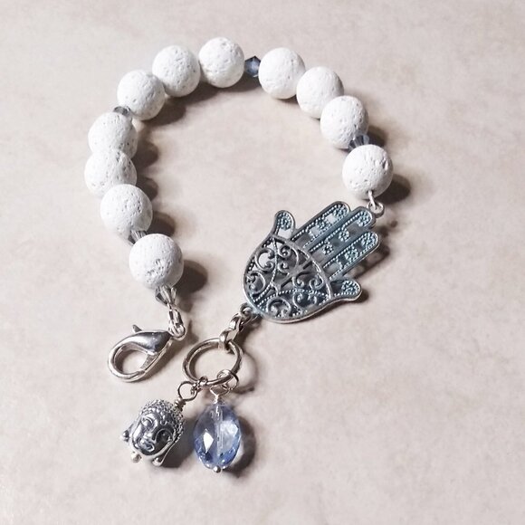 White Lava Bead Bracelet | Hamsa Hand & Buddha Charms | Blessings & Protection - Picture 4 of 10
